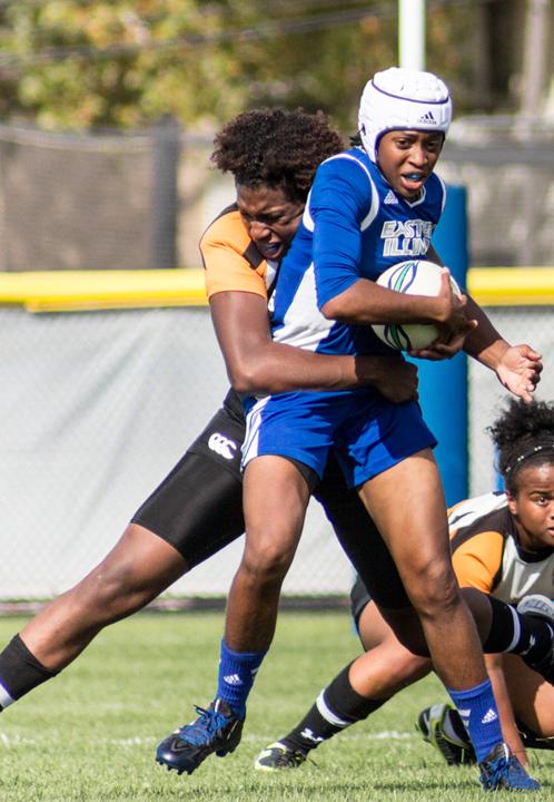 Sophomore wing and scrum-half Breanna Young is tackled in a game on Saturday at Lakeside Field.  The Panthers beat the Tennessee Volunteers 31-17.