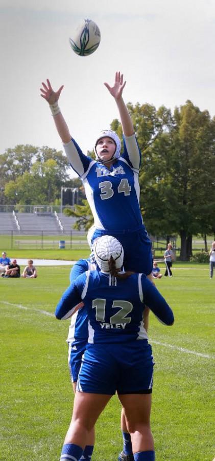 Freshman hooker Lynn Webb is lifted by teammate Lexie Yeley during a line-out Sept. 27 on Lakeside Field. Eastern won 12 line-outs against Tennessee in the victory.