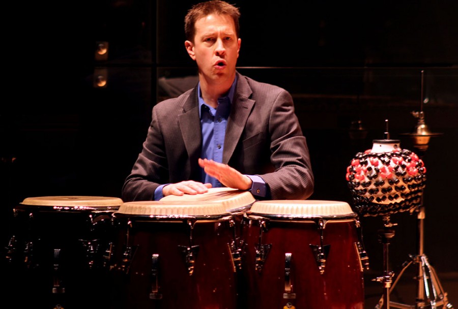 Jamie Ryan, an assistant professor in the music department, plays a percussion instrument in the Faculty Recital Series in the Doudna Fine Arts Center Saturday in the Recital Hall. Ryan performed several solo pieces of work and duo.