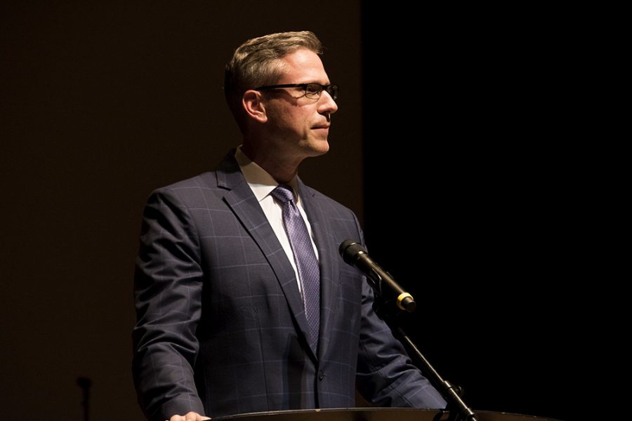 Illinois State Treasurer Michael Frerichs, delivers a speech at the American Legion Auxiliary Girls State, Friday night in the Doudna Fine Arts Center.