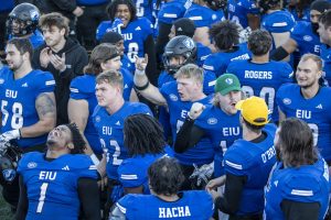 Eastern Illinois football team celebrates after defeating the Tennessee State Tigers 30-17 during their game held at O'Brien Field  saturday afternoon.