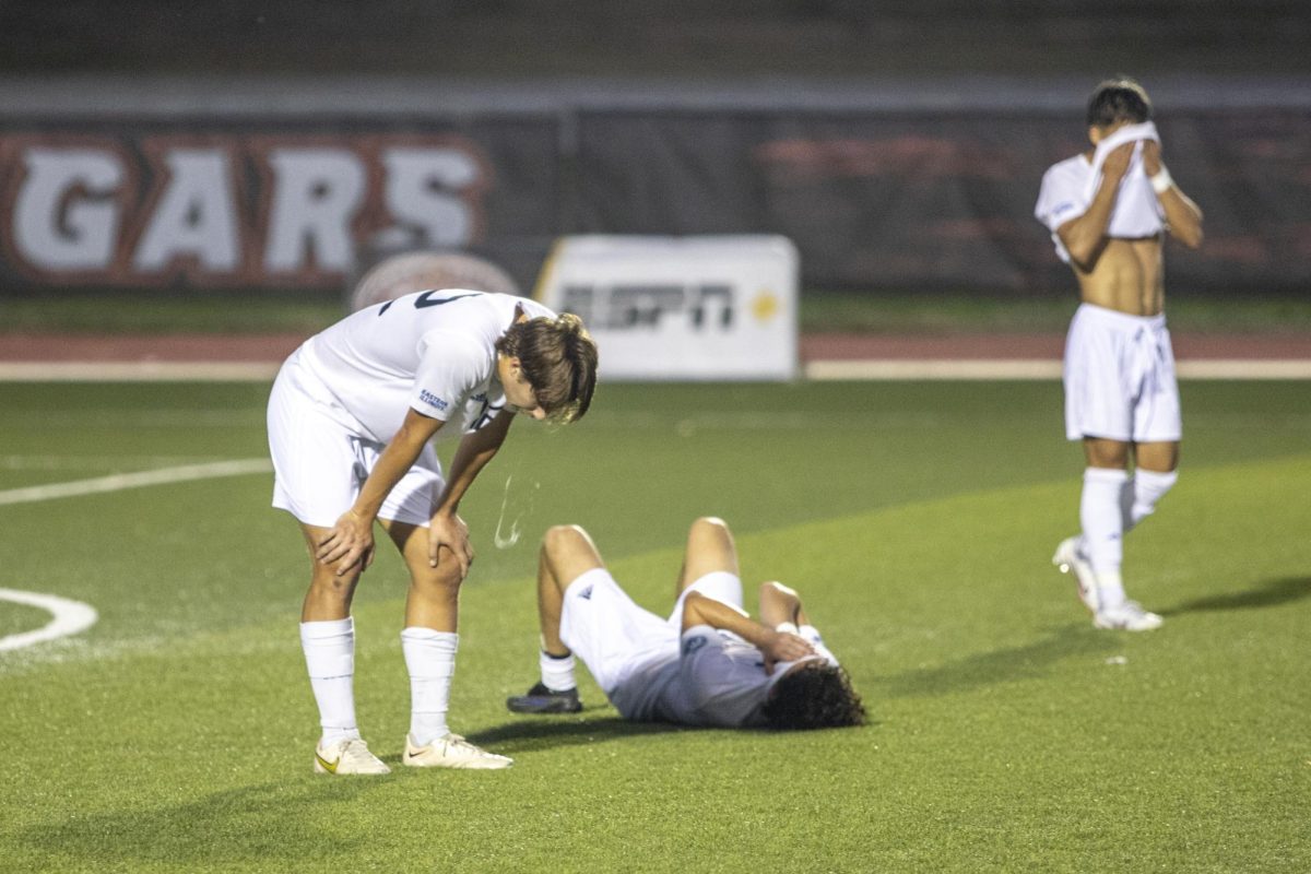 Eastern Mens Soccer Team emotional after being defeated 1-0 during their OVC Semifinals tournament against Incarnate word held at Ralph Korte Stadium wednesday evening.