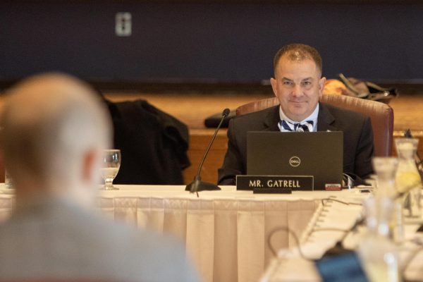 University President Jay Gatrell speaks during Friday afternoon's board of trustees meeting. The trustees approved revising the head volleyball and football coach's contracts and three new academic programs. 