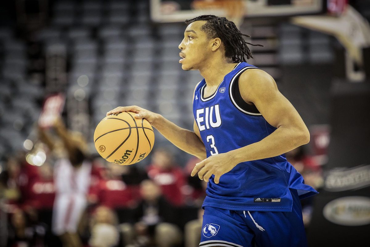 Men's basketball junior guard Nakyel Shelton, makes his way across court during the game against Southern Illinois University Edwardsville on Wednesday night. Panthers lost 68-57