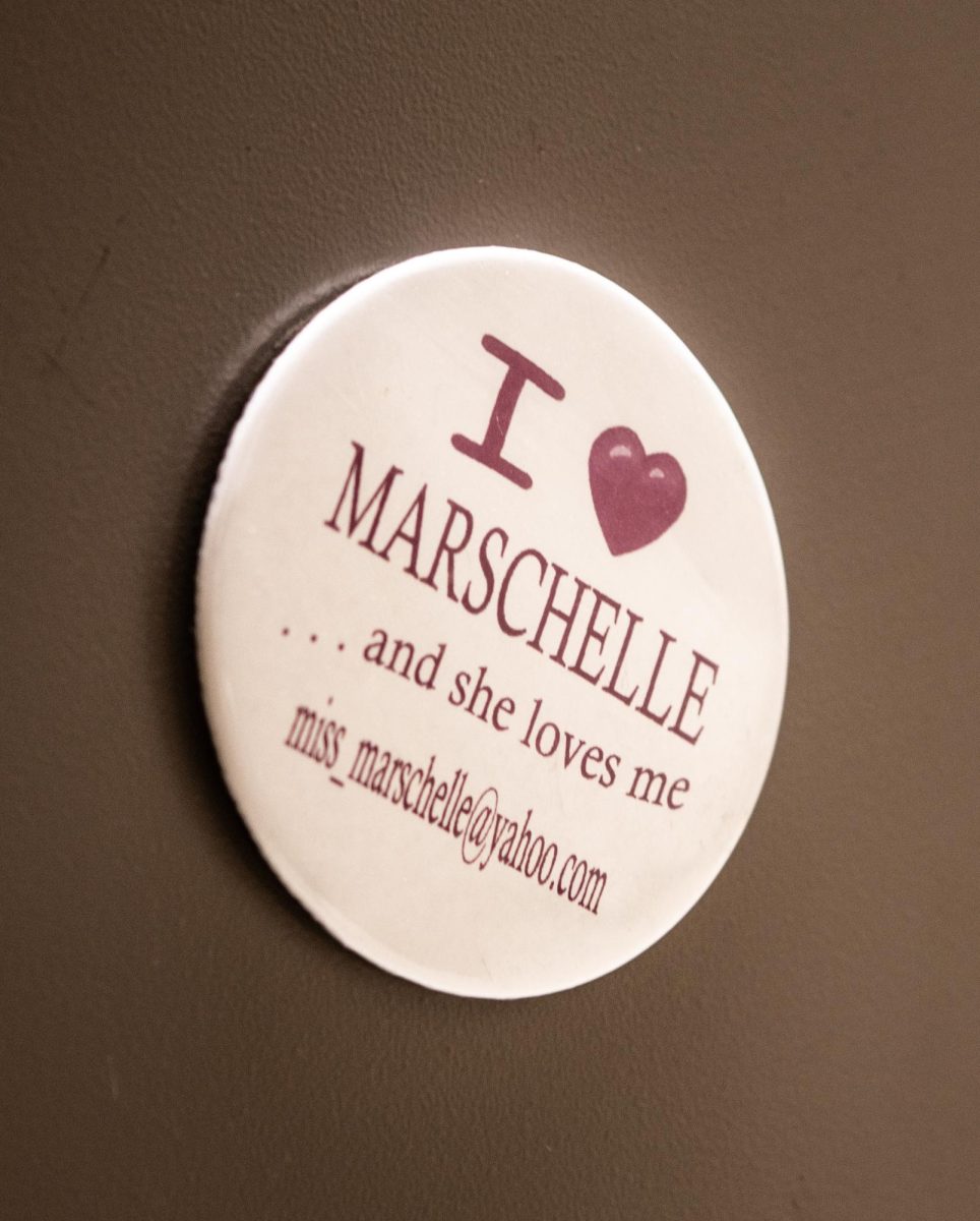 A pin on the side of Marschelle McCoys desk  in the Biological Sciences Building on Feb. 22.