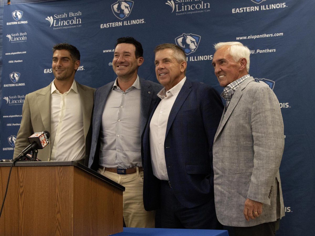 Four of Easterns NFL alumni. From left to right: Jimmy Garoppolo, Tony Romo, Sean Payton, Mike Shanahan.