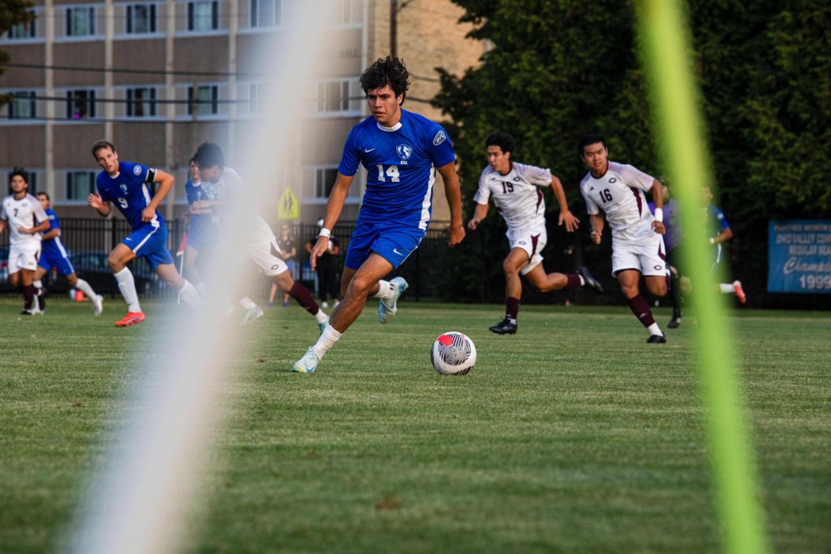 Kyle Kimberling steals the ball during the Eastern Illinois University men's soccer game Thursday evening on the Lakeside Field.