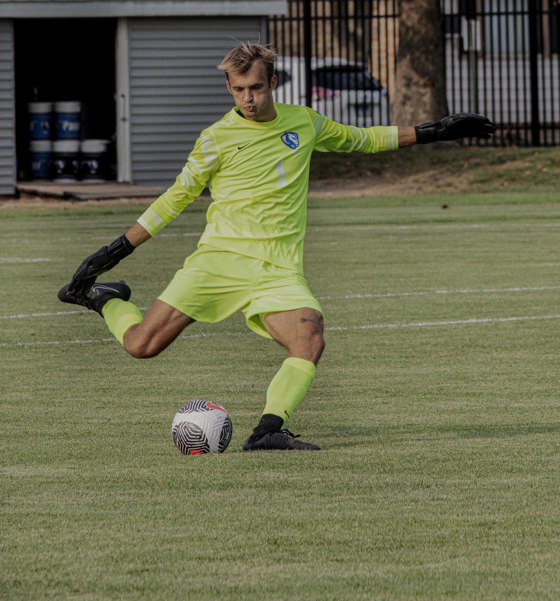 Senior, goalkeeper Chad Smith, Kicks the ball out of the goal during the Eastern Illinois University Vs University of Chicago game 