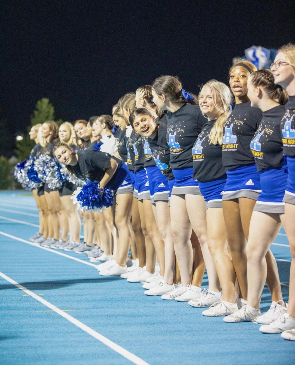 Cheer leaders get ready to cheer the EIU fight song Sunday night at the pep rally. 