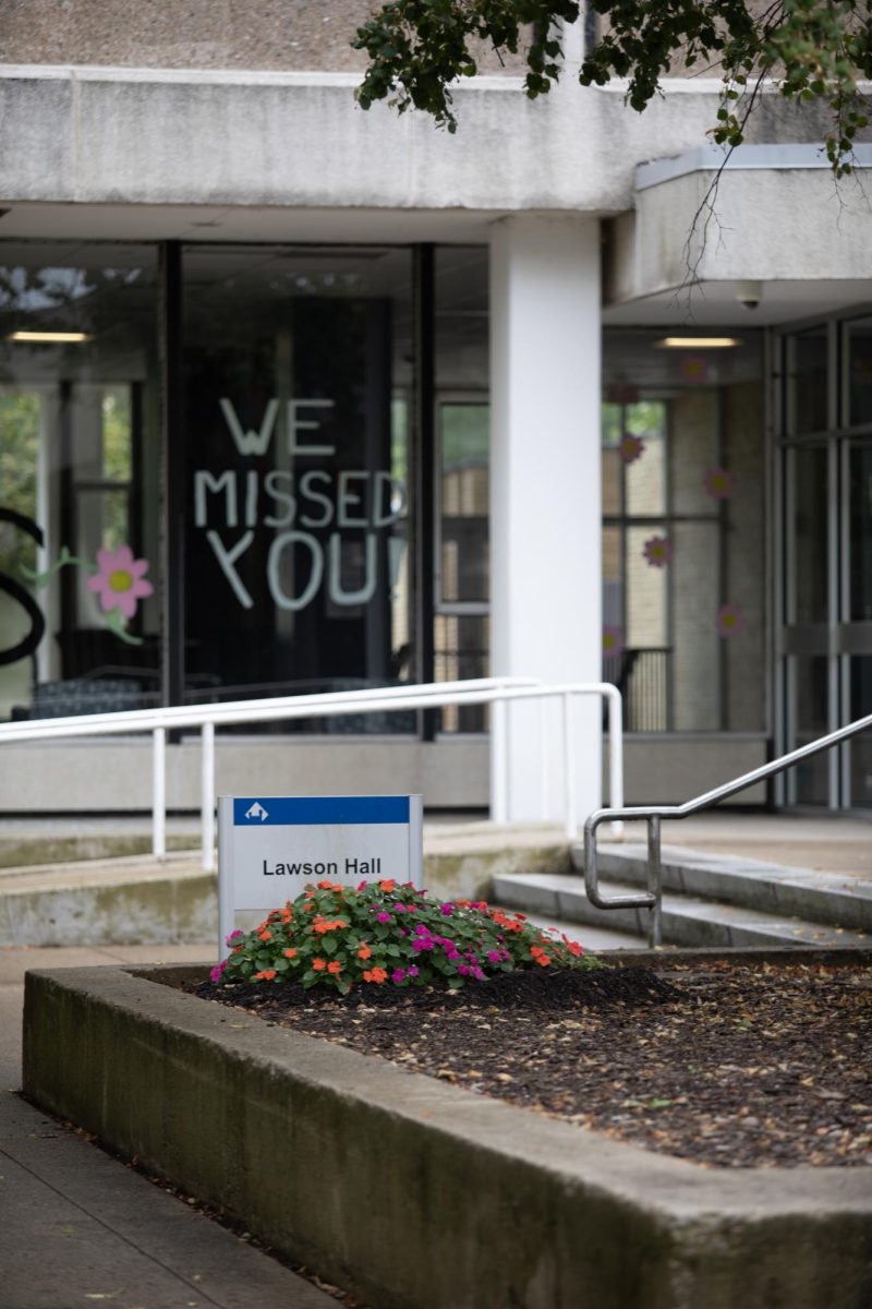 Lawson Hall welcomes students with "We missed you" written on the wall