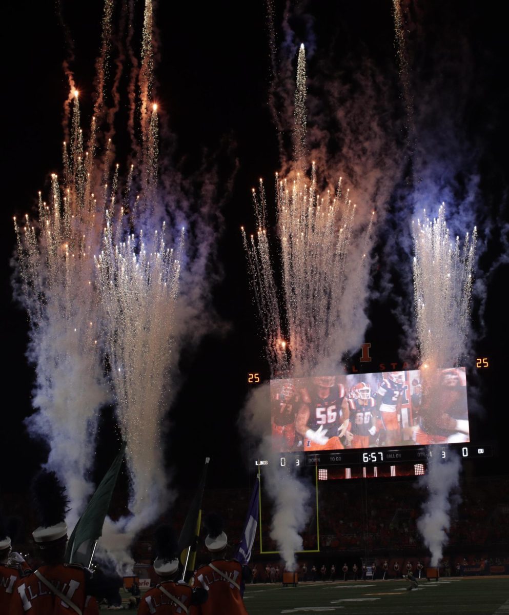 Fireworks launch at the EIU against UofI game Thursday evening at the Memorial Stadium in Champaign Ill, August 30, 2024. EIU lost 45-0 