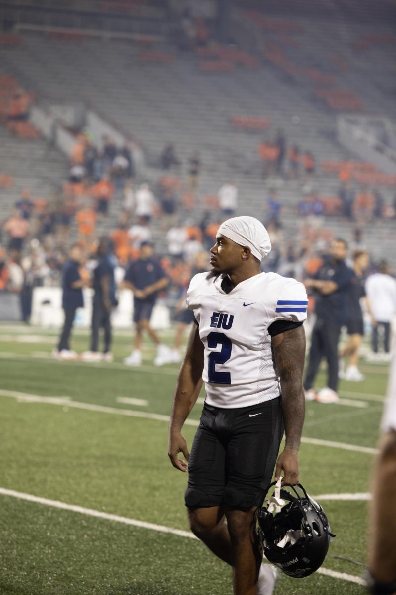 Redshirt Senior Mark Aitken walking off the field after the Eastern Illinois university vs The  University of Illini Football, at the Memorial Stadium in Champaign Ill, August 30, 2024. EIU lost 45-0 