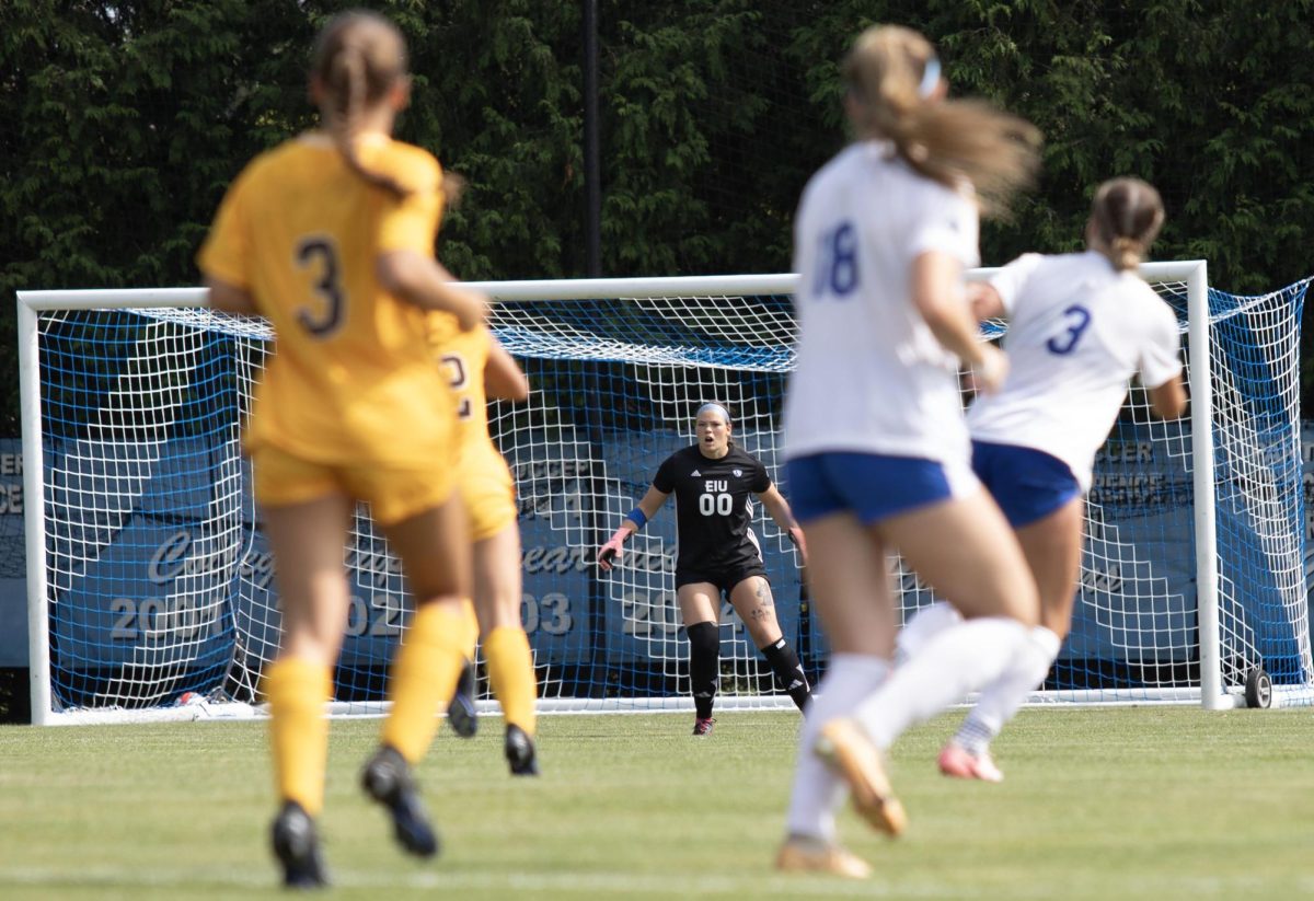 Redshirt sophomore Ashlyn Hoover is currently the EIU women’s soccer team’s only goalie following a preseason wrist injury in last year’s starting goalie Ella Kratochvil. Hoover said she is playing a little more conservative knowing that if she were to injure herself, the team would be forced to put an outfield player in net. 