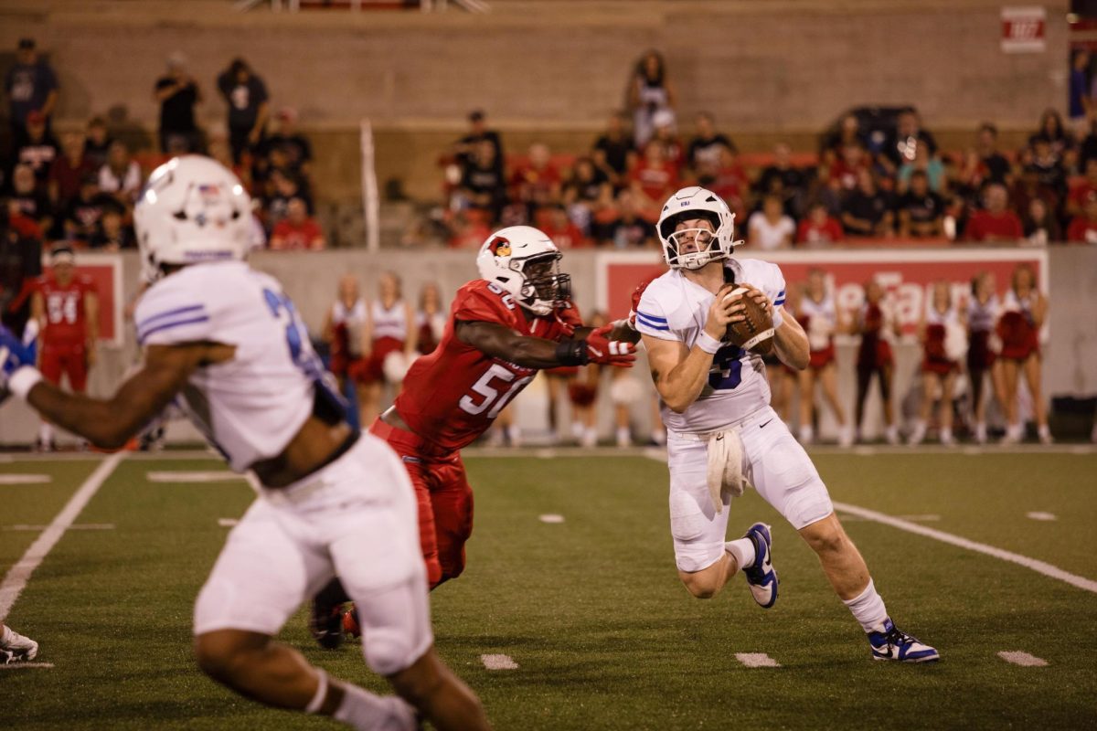 Quarterback Pierce Holley gets tackled during the Eastern Illinois University vs Illinois State University in Normal Ill, Sept. 21,2024 at Hancock Stadium, Panthers Lost 31-7.  