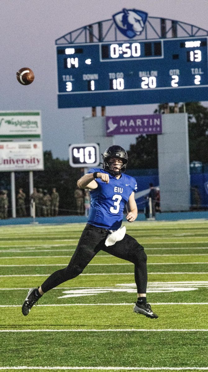 Quarterback, Graduate student Pierce Holley, Throw with 0:50 second left on the board before half time during the Panthers Vs Sycamore Indian at the O'Brain Stadium, on the Eastern Illinois Campus Saturday sept 7,2024. Charleston Ill half time score 14-13