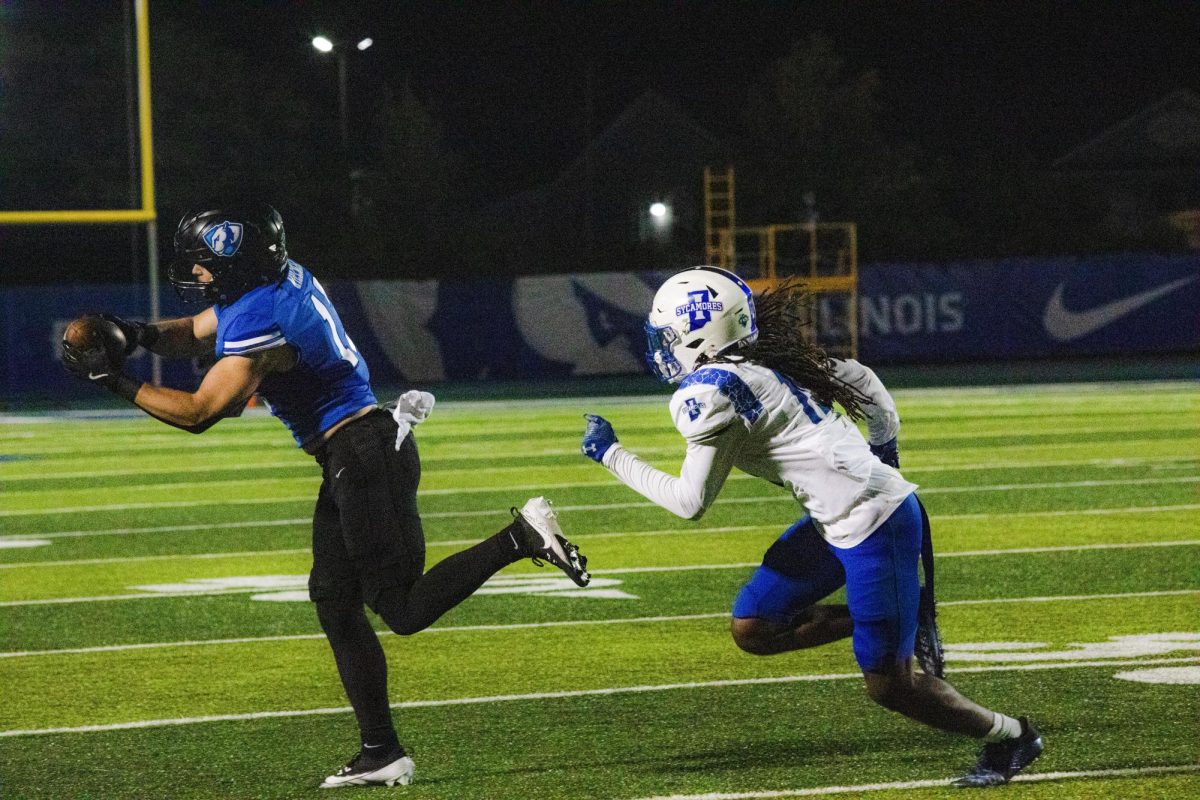 Wide receiver, senior, Cooper Willman catches the ball during the third quarter before getting push out of bounds at the Eastern Illinois Panthers vs Indiana State Sycamores, at the O'Brien Field on Saturday night 