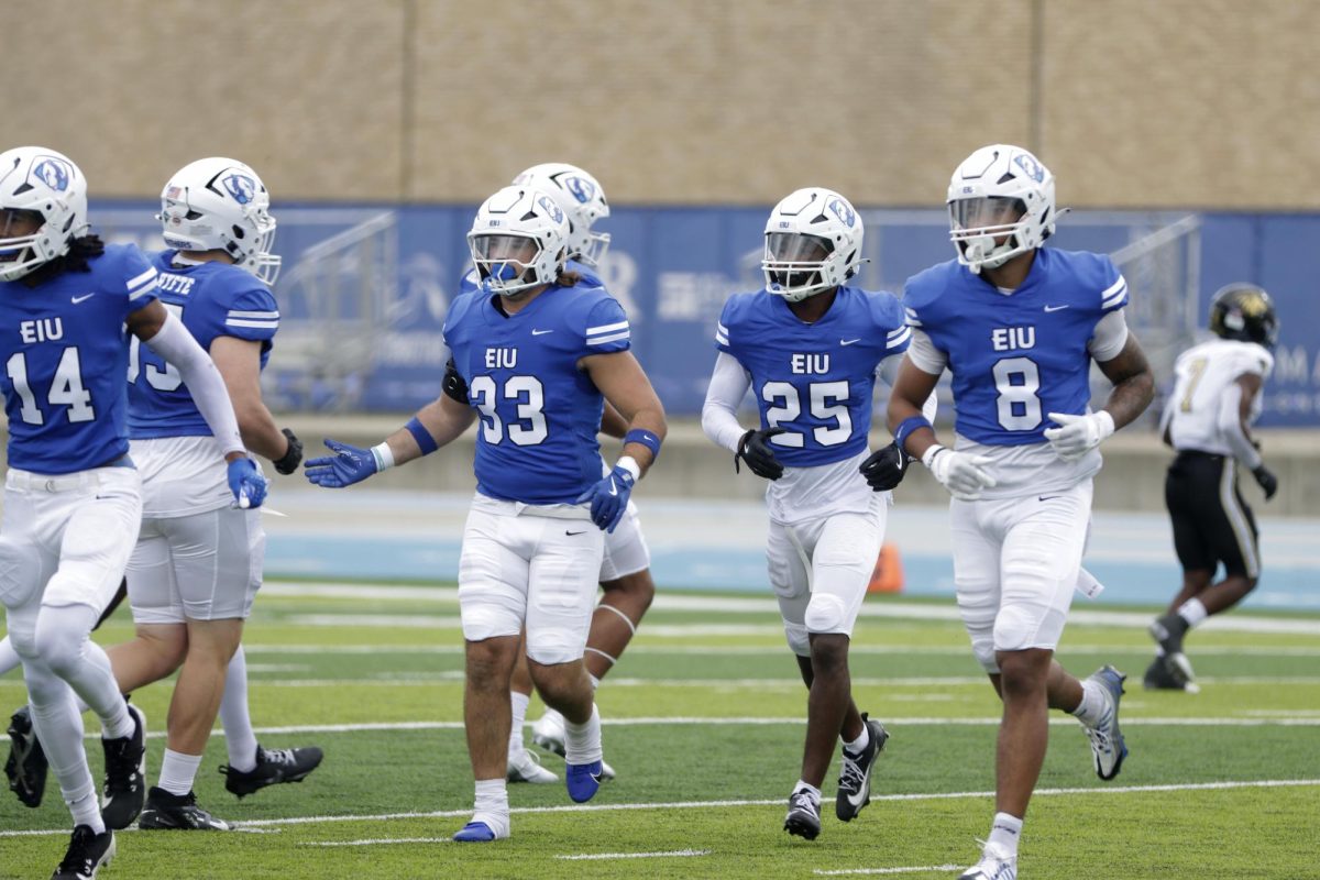 The EIU football team switches players in between plays in the football game against the Lindenwood Lion's Saturday afternoon at O'Brien Field. The Panthers lost 28-25.