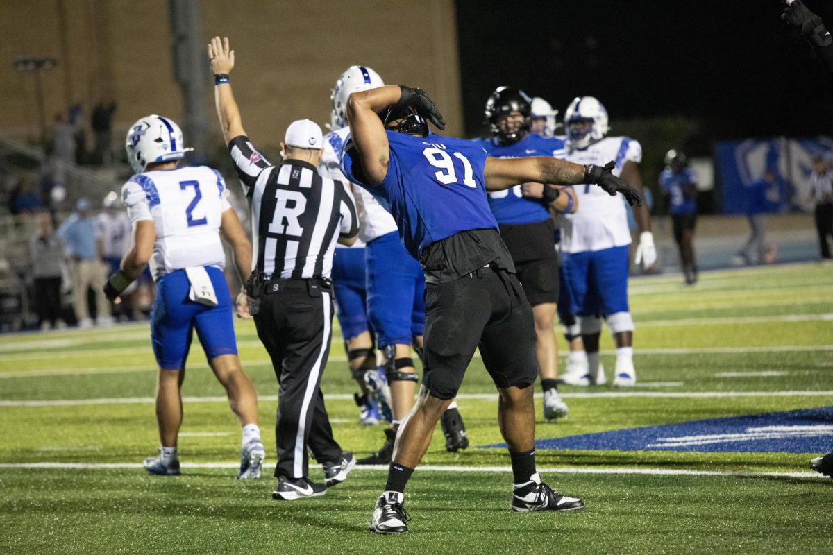 Defensive line, senior, Nicholas Oliverira-Chace does his celebration dance, during the Eastern Illinois Panthers vs Indiana State Sycamores at O'Brien Field on Saturday . Panthers won 27-20.