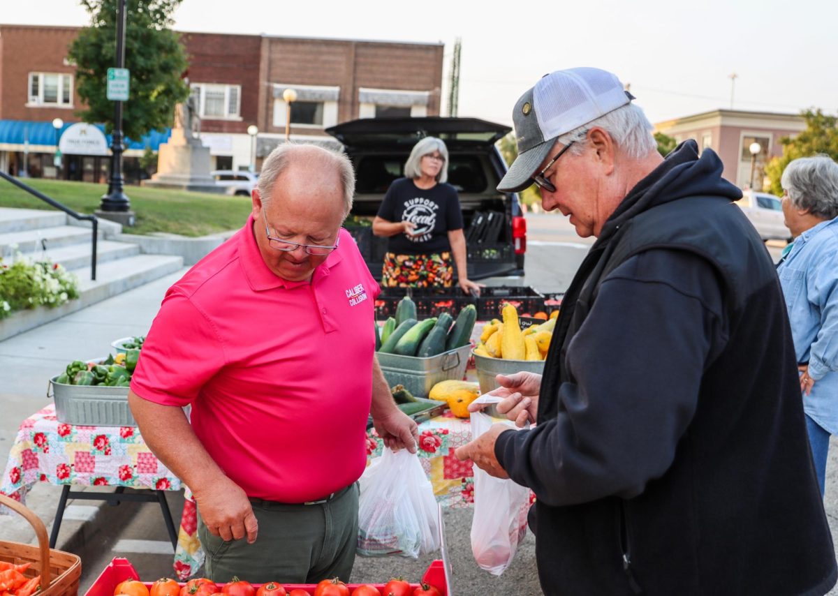 Wednesday mornings, Bob Bennett and Mike Clayton pick the tomatoes they want to take home on at the Charleston farmer's market Wednesday.