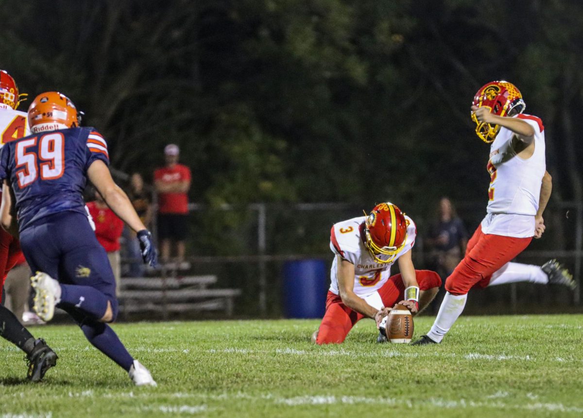 Charleston junior Max Weber kicker scores the only points for Charleston as time expires in the first half during Charleston’s loss to Mahomet-Seymour 56-3 on Friday Night.