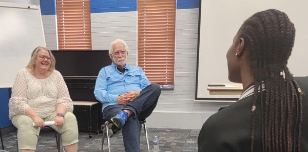 Director of Career Services Bobbi Kingery (left) and Human Resources Advisor John Marr (right) answer questions during the International Students: Realistic Expectations session Wednesday.