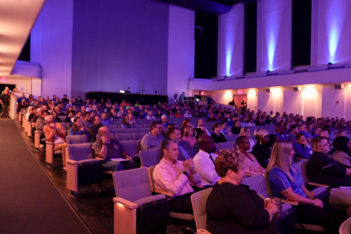  Eastern Illinois University faculty and alumni listening to campus president Jay Gatrell give his fall update in the Dvorak Concert Hall of Doudna Fine Arts Center on Wednesday, September 25, 2024, in Charleston, IL.