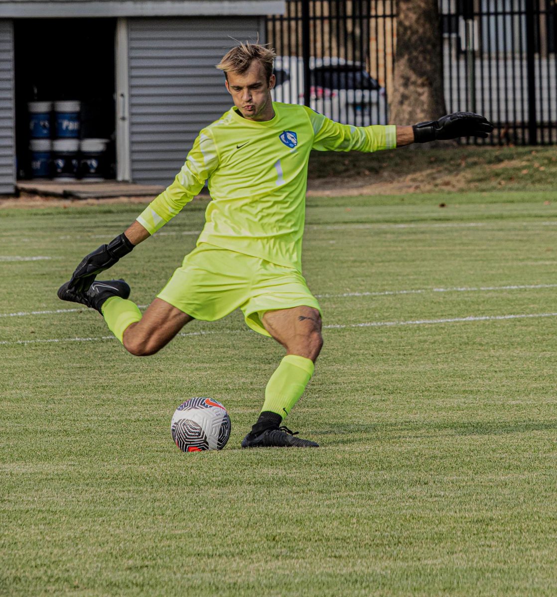 Senior, goalkeeper Chad Smith, Kicks the ball out of the goal during the Eastern Illinois University Vs University of Chicago game Thursday 