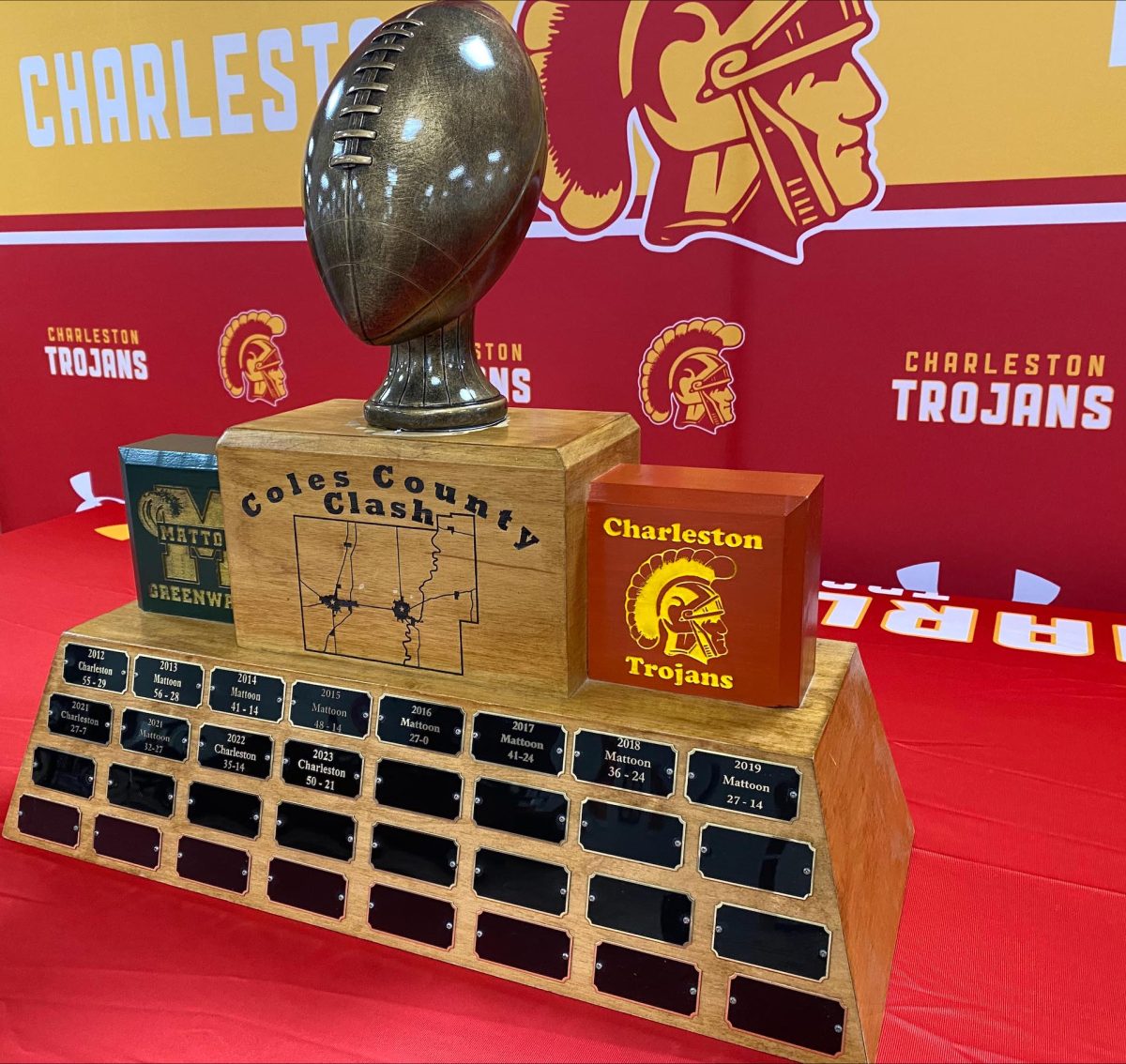 The Coles County clash trophy on display on Friday, Sept. 27, 2024 in the Charleston High School Library. The winner of the football game between Mattoon and Charleston are presented with the trophy.