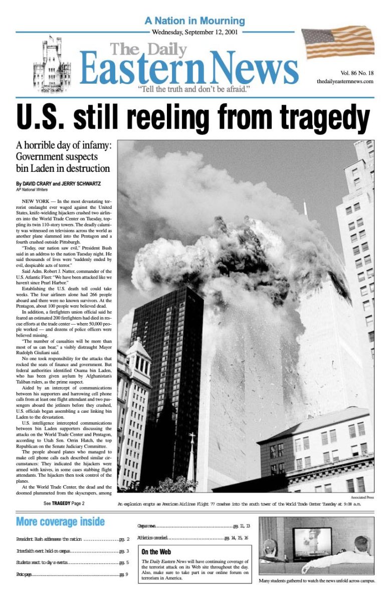 FILE | THE DAILY EASTERN NEWS 
Old Daily Eastern News paper from 9/11 covering the aftermath effects on students in 2001.