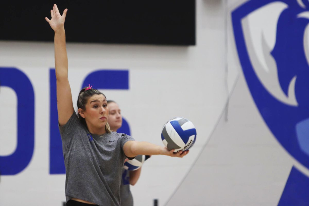 Graduate student middle blocker Ireland Hieb cheers with her teammates in Groniger Arena at Eastern Illinois' campus Charleston Illinois, Sept. 26 2024