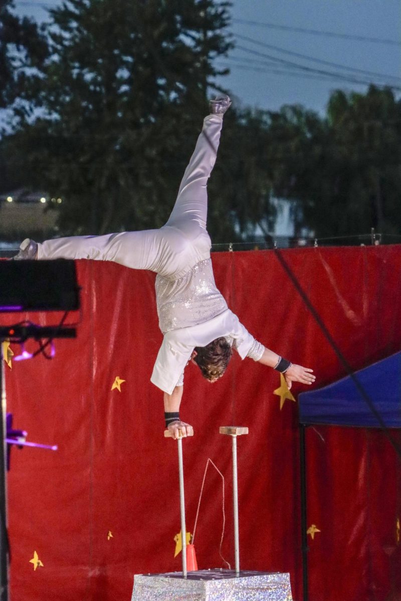 Acro-balancing artist preforms a one handed balancing trick Saturday during the All American Circus' performance held in Charleston Illinois on the Coles Country Fairgrounds. 