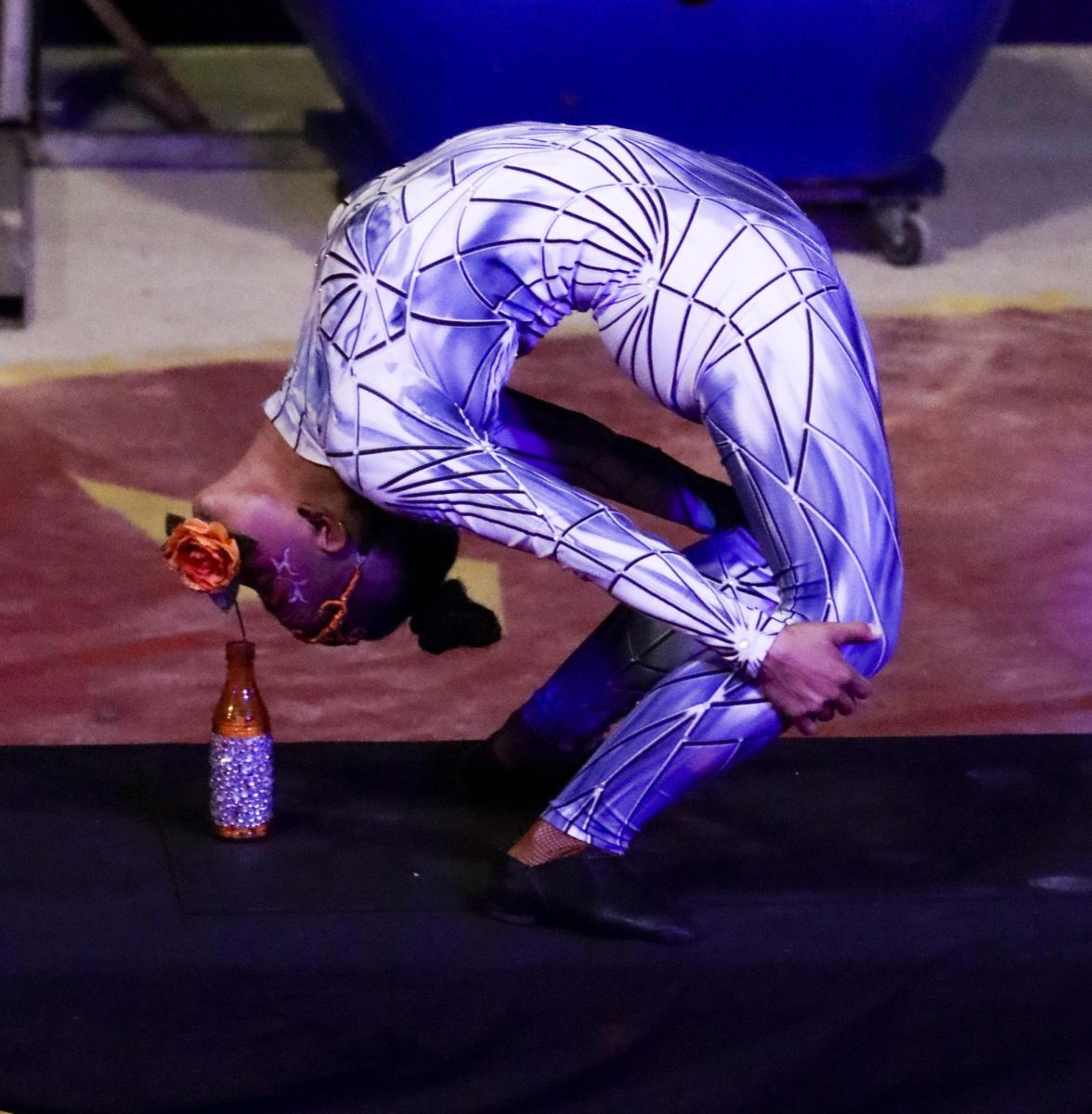 Professional contortionist Poppet contorts backward to grab a flower with her mouth during the All American Circus' performance held in Charleston.