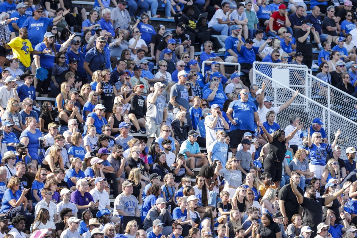 Eastern Illinois University football fans boo a referee's call during the first half of the homecoming game against the Southeast Missouri State University Redhawks on Saturday afternoon.