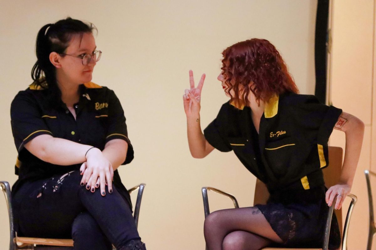 Juniors Lauren Carter-Chenowith and Azlynn Padderatz-McNicol acting through an improv scene at the Hello Dali event on Thursday, October 24th at 8:00 p.m. in the Doudna Fine Arts Center Lecture