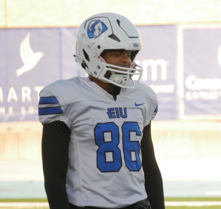 Senior wide receiver Jamal Jeffers observes his teammates during practice at O'Brien Field on Wednesday, at Eastern Illinois University, Charleston Ill.