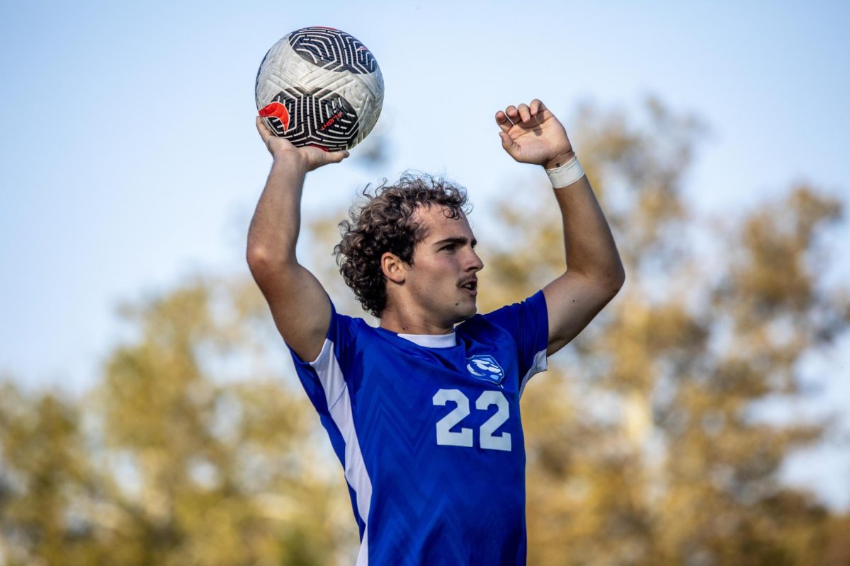 Defender Kyle Ward Sophomore about to throw the ball into play during the Eastern Illinois University vs University of Incarnate word, Oct 10, 2024. at Lakeside Field