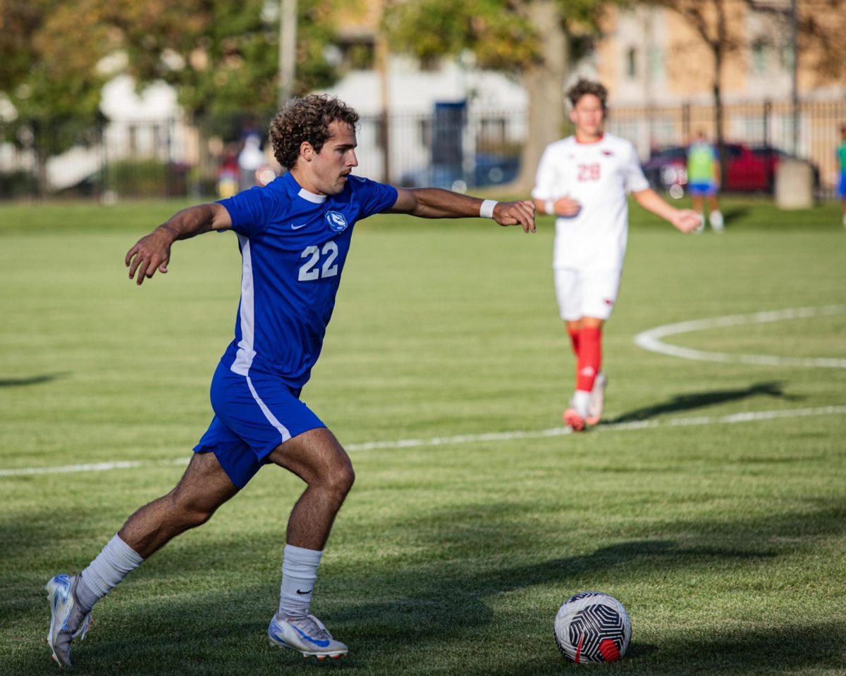 Defender Kyle Ward Sophomore get the ball into play during the Eastern Illinois University vs University of Incarnate word, Oct 10, 2024. at Lakeside Field