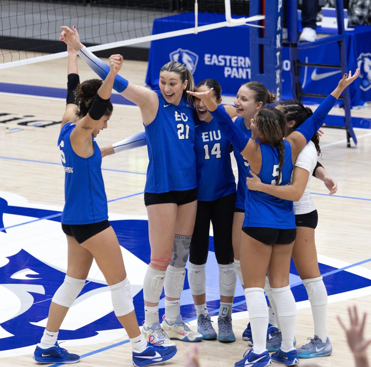  The volleyball team with a smile on their face ready for the next play, during the Eastern Illinois University against Southern Illinois University Evansville, on Tuesday Oct 15. 