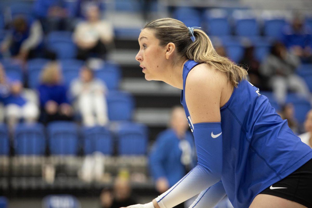 Middle blocker Graduate student Ireland Hieb Ready for the next block during the second set at the Eastern Illinois University game against Southern Illinois University 