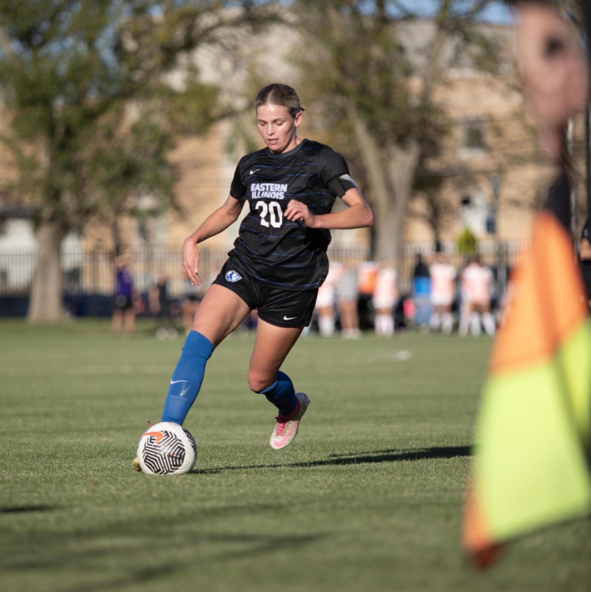 Junior midfielder Ella Onstott, gets the ball and kicks it down field during the Eastern Illinois University Panther game vs Tennessee Teach Golden Eagles at Lakeside Field on the Eastern Illinois University campus, Charleston Ill. EIU won 2:1 