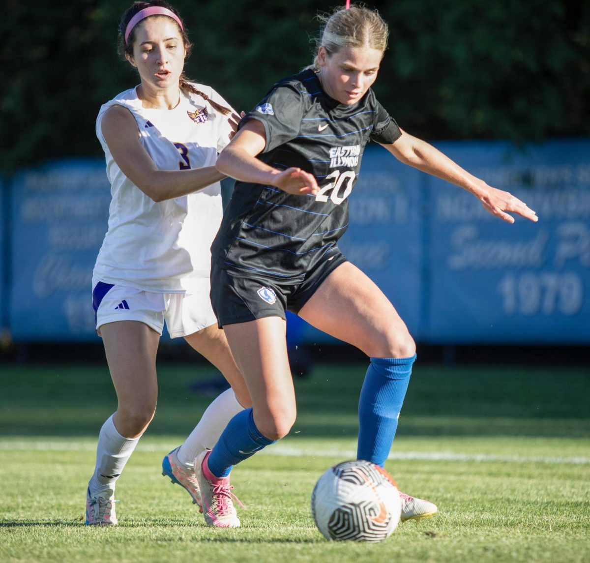 Junior Midfielder Ella Onstott gets the ball but loses it during the Eastern Illinois University Panther game vs Tennessee Teach Golden Eagles at Lakeside Field on the Eastern Illinois University campus, Charleston Ill. EIU won 2:1 