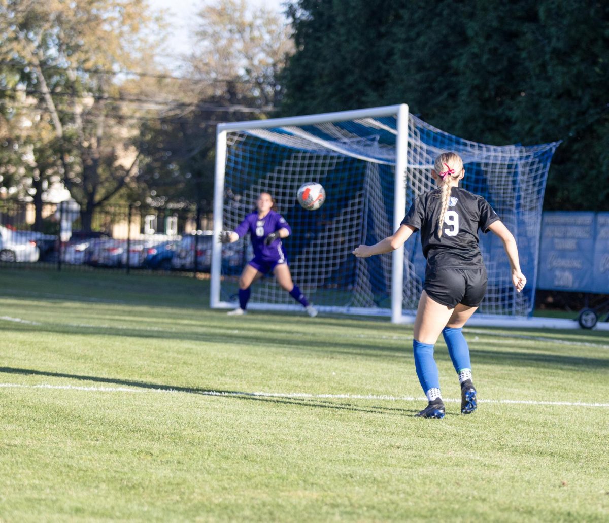 Midfielder Freshman Ella Dwyer kicks to the goal but the ball get caught by the goalie during the Eastern Illinois University Panther game vs Tennessee Teach Golden Eagles at Lakeside Field on theEastern Illinois University campus, Charleston Ill. EIU won 2:1 