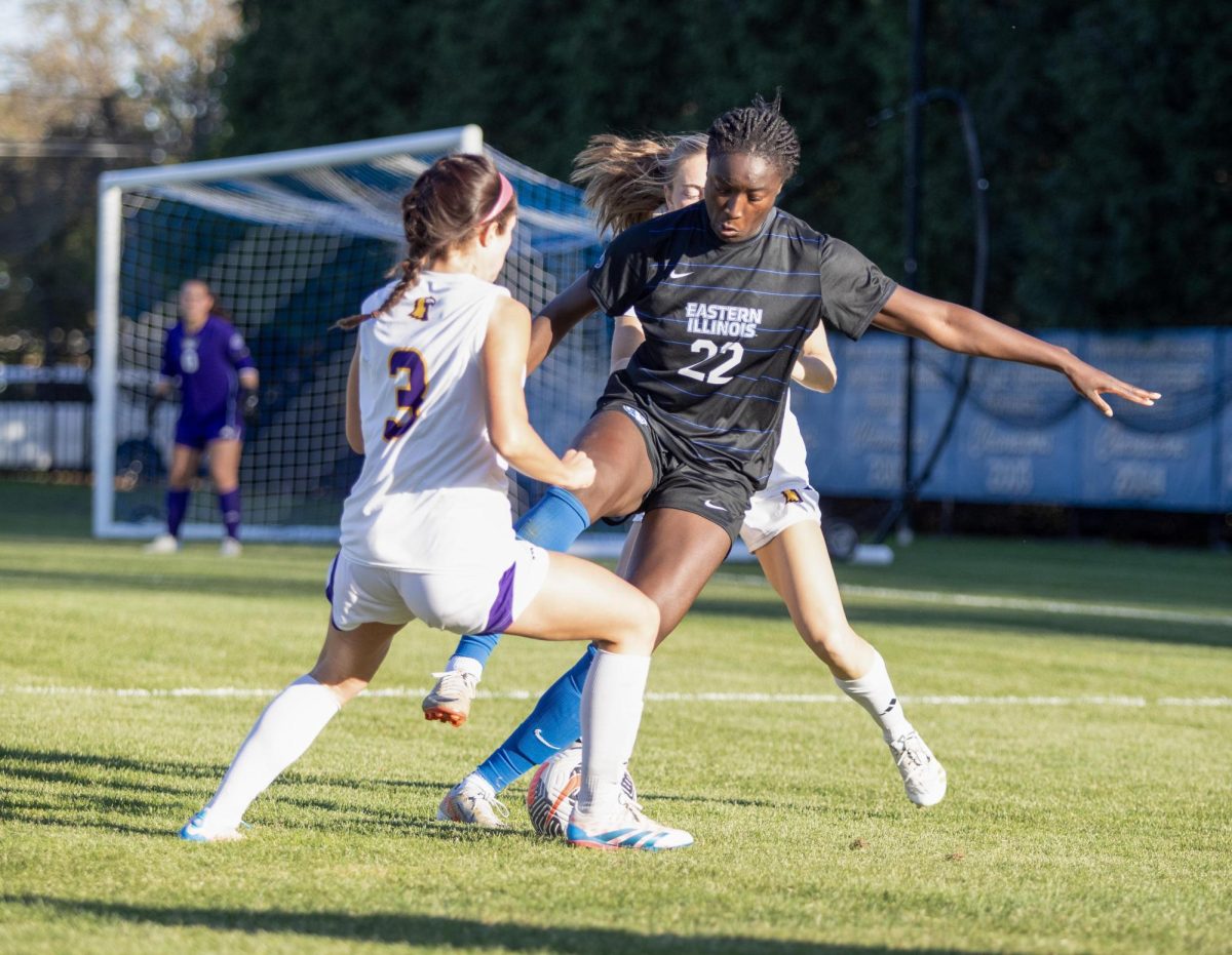 Forward sophomore Alex Tetteh, gets over taken by the other team during the Eastern Illinois University Panther game vs Tennessee Teach Golden Eagles at Lakeside Field on the Eastern Illinois University campus, Charleston Ill. EIU won 2:1 