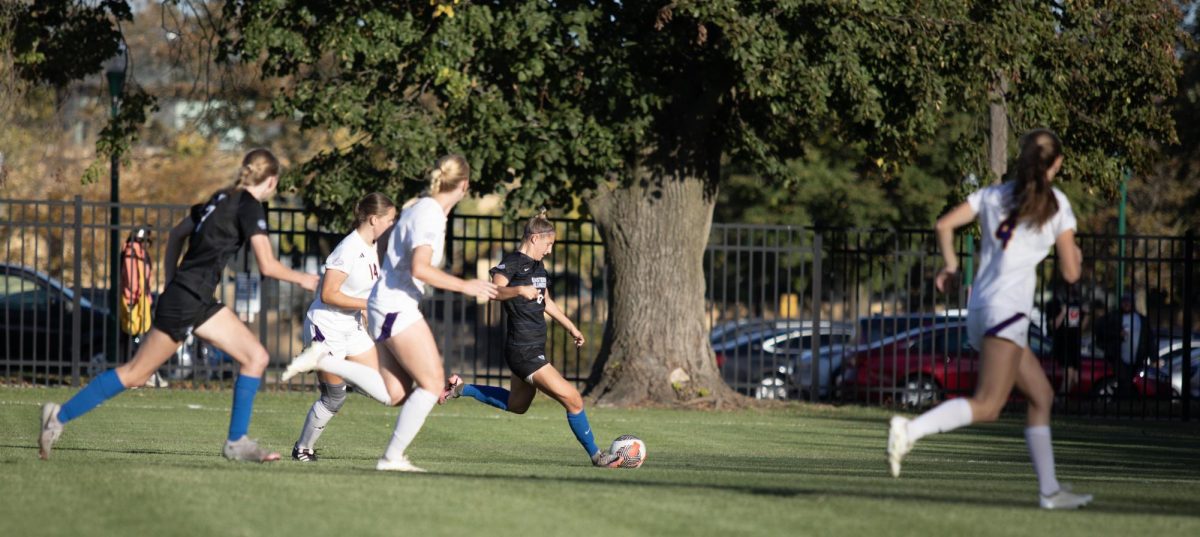 Forward sophomore Abby Reinl scores the second point, making the game 2-1 during the Eastern Illinois University Panther game vs Tennessee Teach Golden Eagles at Lakeside Field on the Eastern Illinois University campus, Charleston Ill. EIU won 2-1 