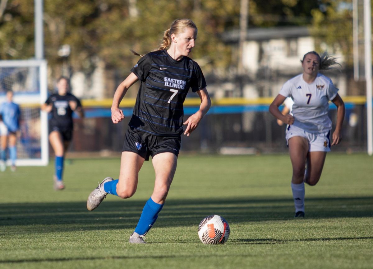 Forward Senior Carys Grieven, kicks the ball to another player during the second half of the game during the Eastern Illinois University Panther game vs Tennessee Teach Golden Eagles at Lakeside Field on the Eastern Illinois University campus, Charleston Ill. EIU won 2:1 