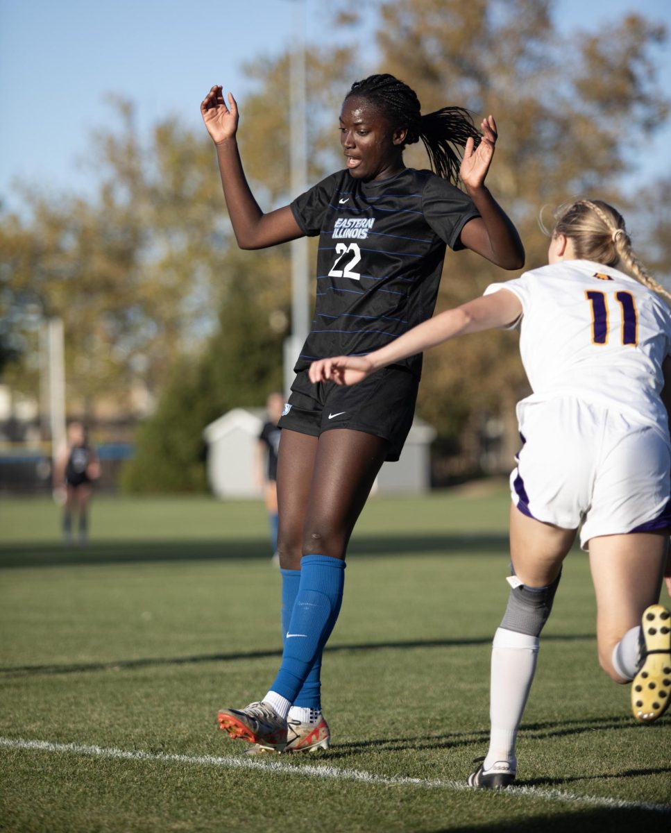 Forward sophomore Alex Tetteh, kicks the ball out of the field during the Eastern Illinois University Panther game vs Tennessee Teach Golden Eagles at Lakeside Field on the Eastern Illinois University campus, Charleston Ill. EIU won 2:1 