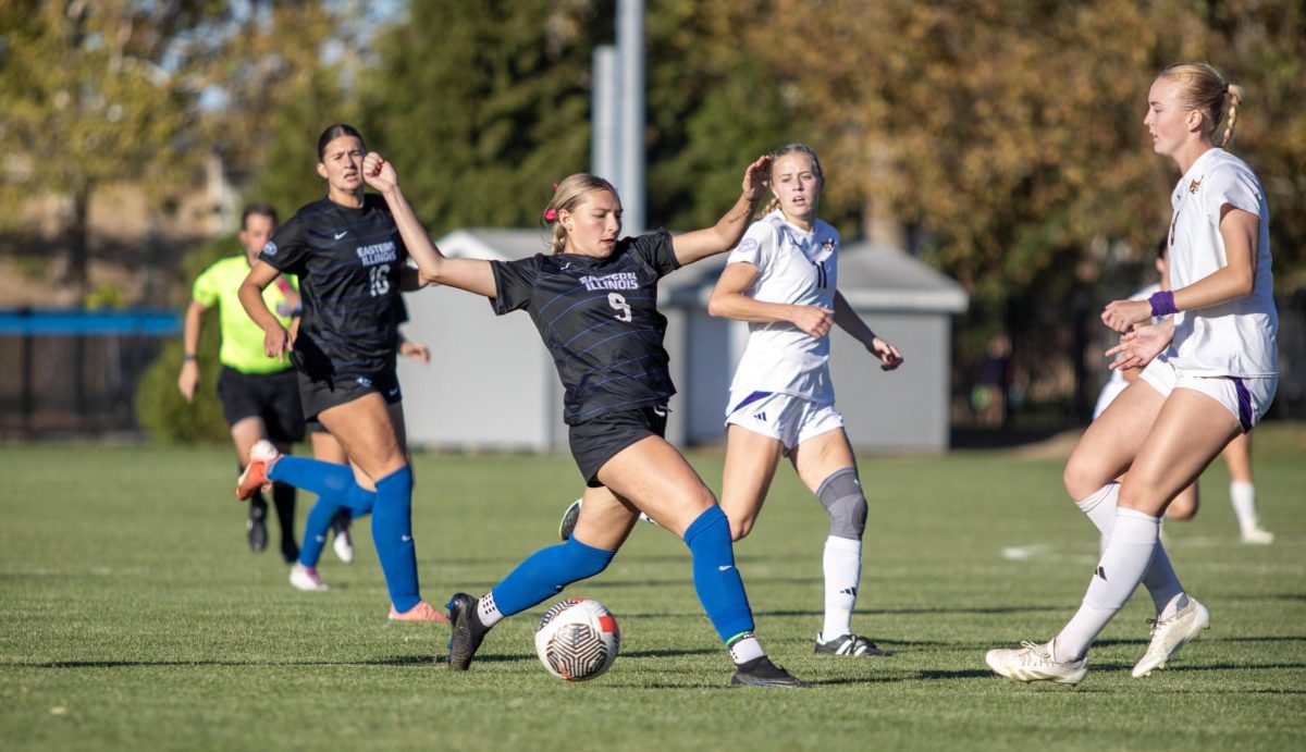 Freshman Midfielder Ella Dwyer, misses the ball but get its back during the Eastern Illinois University Panther game vs Tennessee Teach Golden Eagles at Lakeside Field on the Eastern Illinois University campus, Charleston Ill. EIU won 2:1 