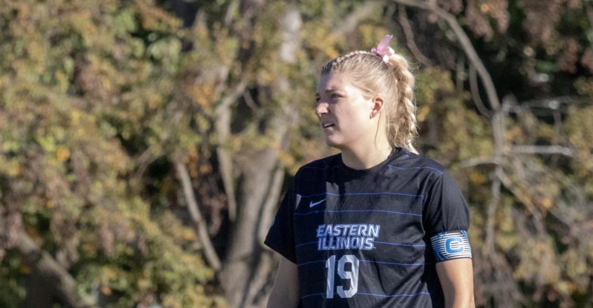 Senior midfielder Avery Richardson stands still during a break in the game for a green carding during the Eastern Illinois University Panther game vs Tennessee Teach Golden Eagles at Lakeside Field on the Eastern Illinois University campus, Charleston, Ill. EIU won 2-1.