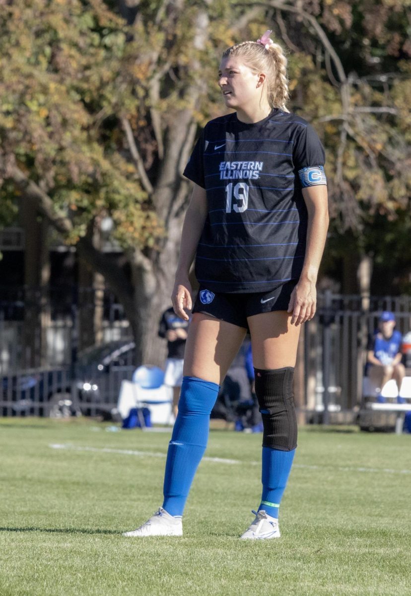 Midfelder, senior Avery Richardson stands still during a break in the game for a green carding during the Eastern Illinois University Panther game vs Tennessee Teach Golden Eagles at Lakeside Field on the Eastern Illionis University campus, Charelston Ill. EIU won 2:1 
