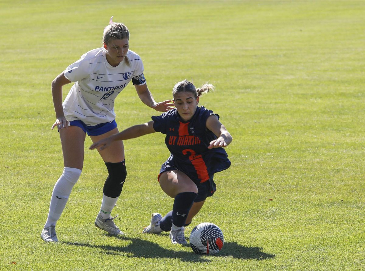 Senior midfielder Izzy Patterson (2) and junior midfielder Avery Richardson (19) chase after the ball during the women's soccer game against the UT Martin Skyhawks Sunday at Lakeside Field. Patterson scored the only goal of the game winning 1-0 for the Skyhawks. Richardson had one shot on goal. Patterson had one shot, shot on goal and goal scored. 